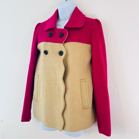 THE CUE by Cher Qu Color Block Pea Coat Size XS 100% Cashmere Wool Magenta Tan - Picture 5 of 12